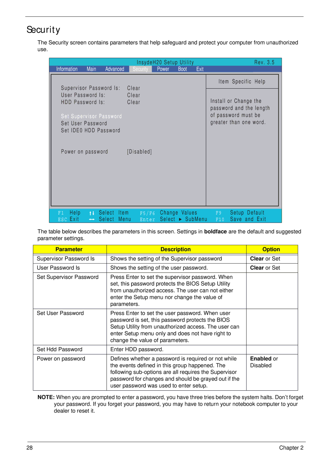 Acer 5538 manual Security, Parameter Description Option, Clear or Set, Enabled or 