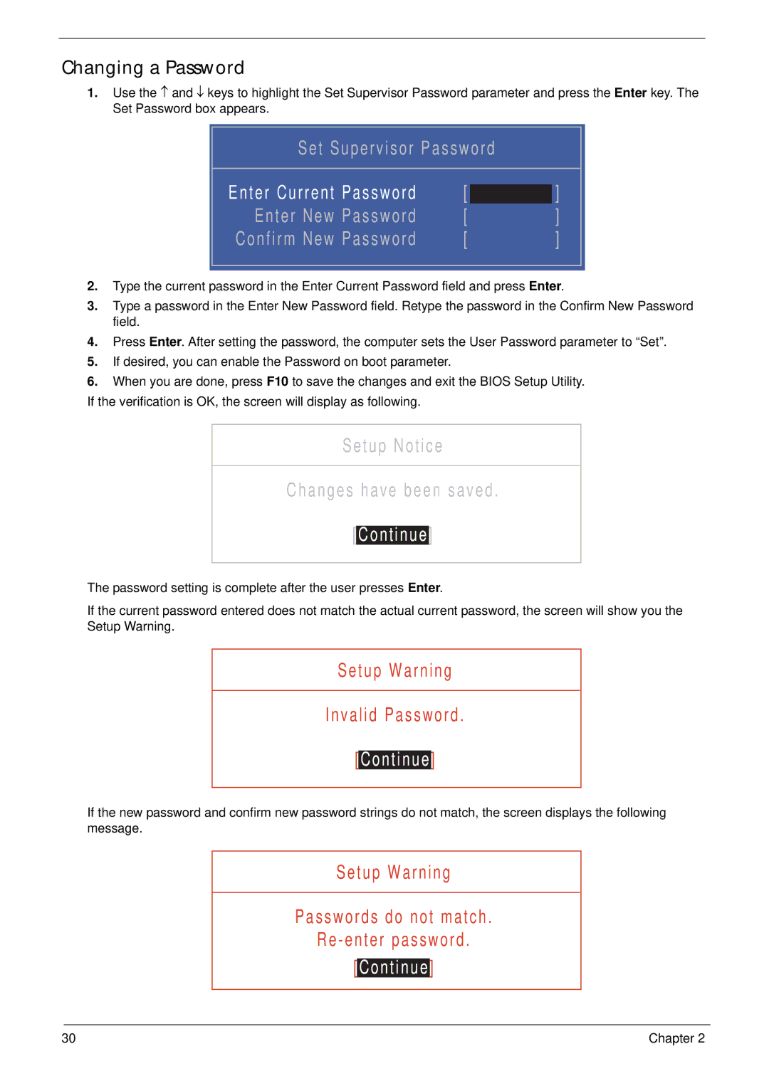 Acer 5538 manual Continue, Changing a Password 