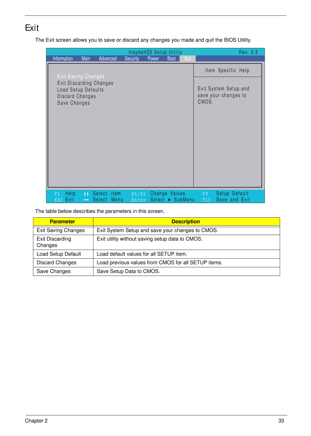 Acer 5538 manual Advanced Security Power Boot Exit Exit Saving Changes 