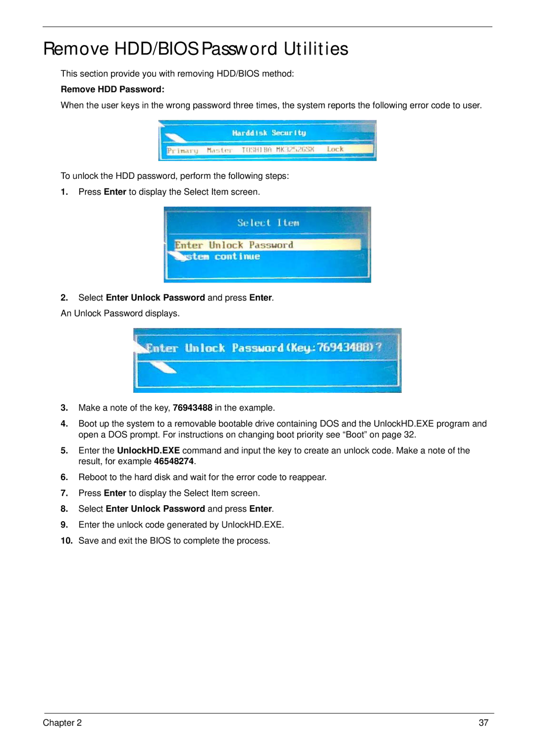 Acer 5538 manual Remove HDD/BIOS Password Utilities, Remove HDD Password, Select Enter Unlock Password and press Enter 