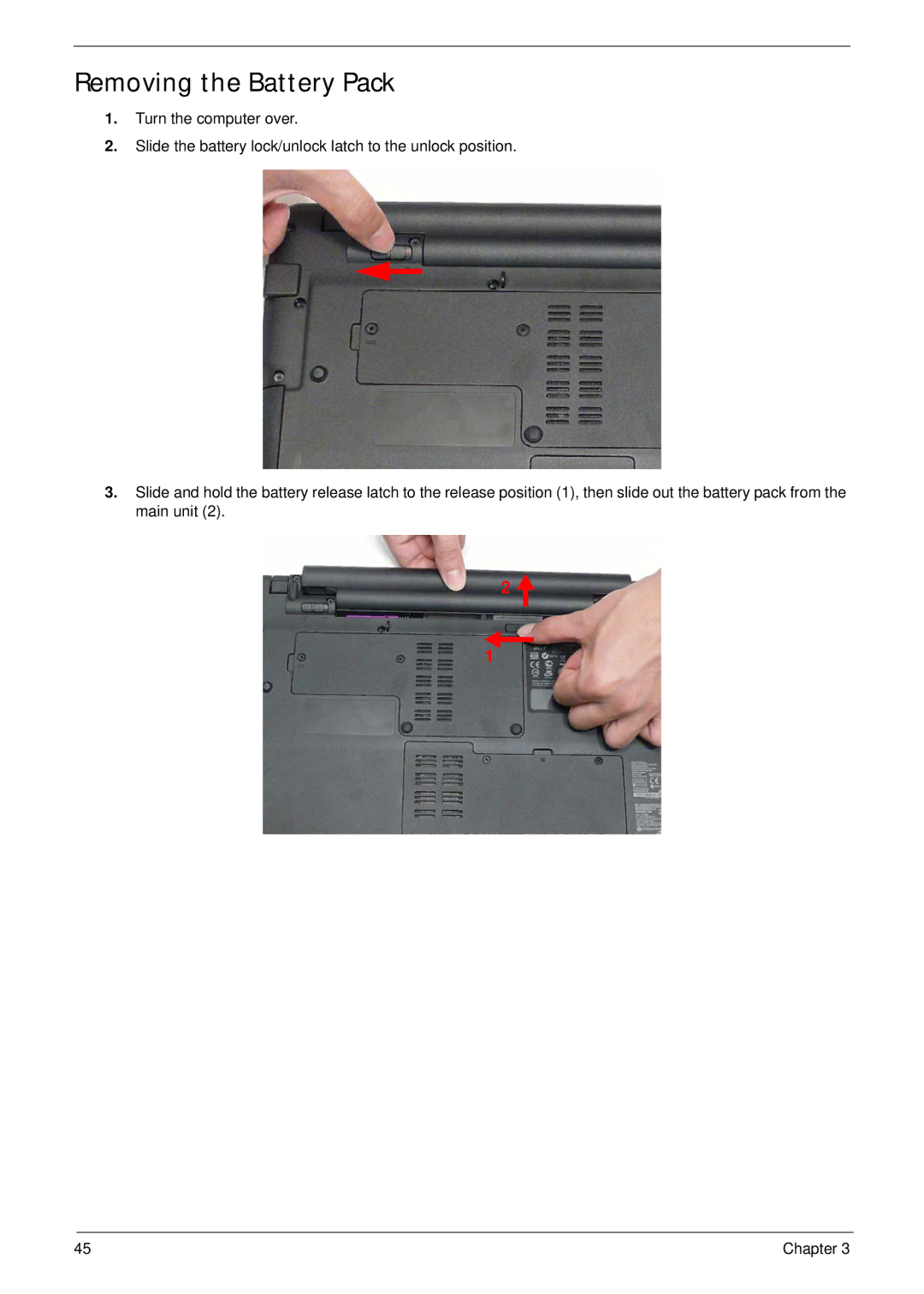 Acer 5538 manual Removing the Battery Pack 