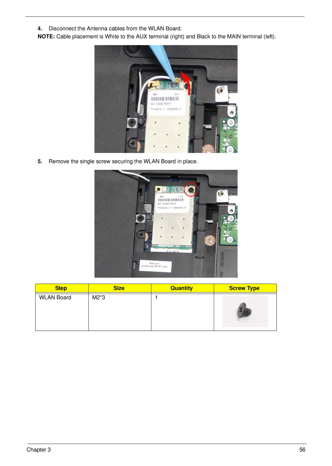 Acer 5538 manual Step Size Quantity Screw Type Wlan Board M2*3 