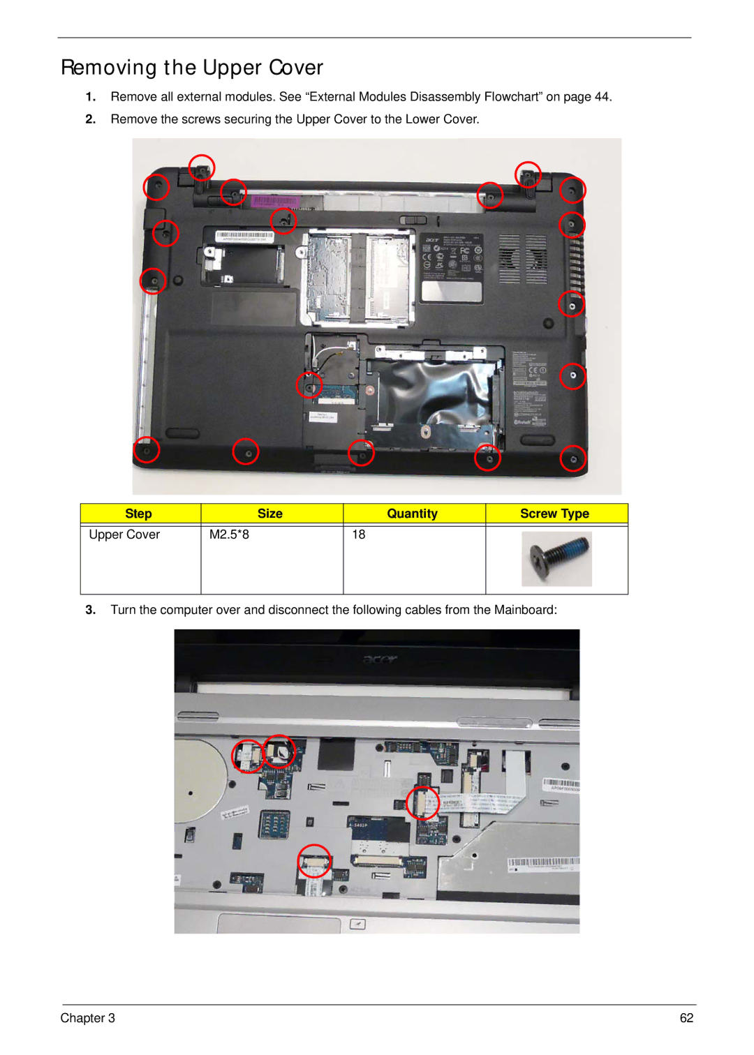 Acer 5538 manual Removing the Upper Cover, Step Size Quantity Screw Type Upper Cover M2.5*8 