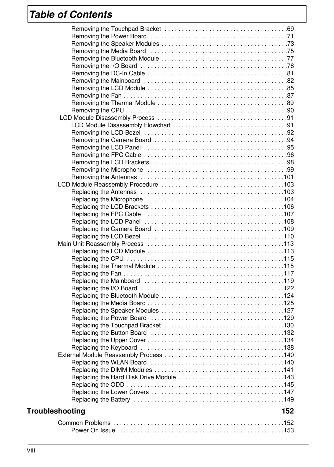 Acer 5538 manual Troubleshooting 152, Viii 