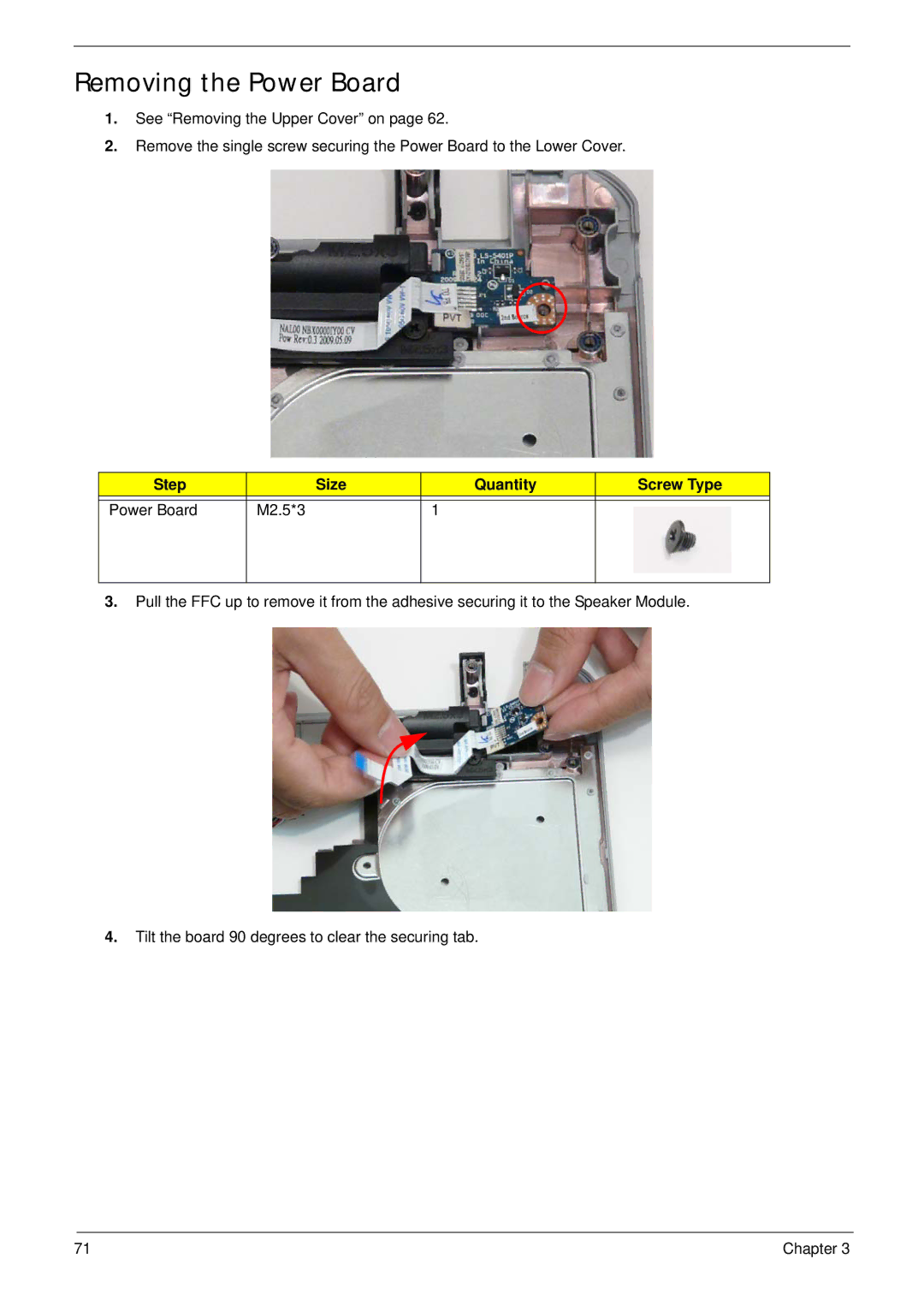 Acer 5538 manual Removing the Power Board, Step Size Quantity Screw Type Power Board M2.5*3 