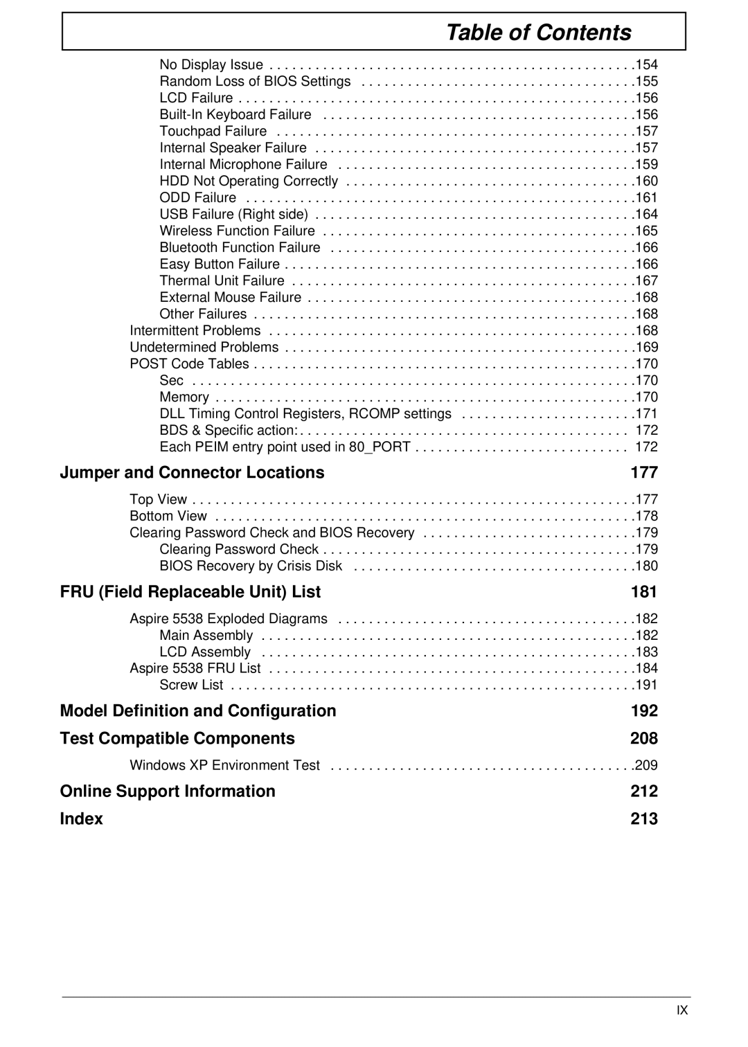 Acer 5538 manual Jumper and Connector Locations 177, Windows XP Environment Test 