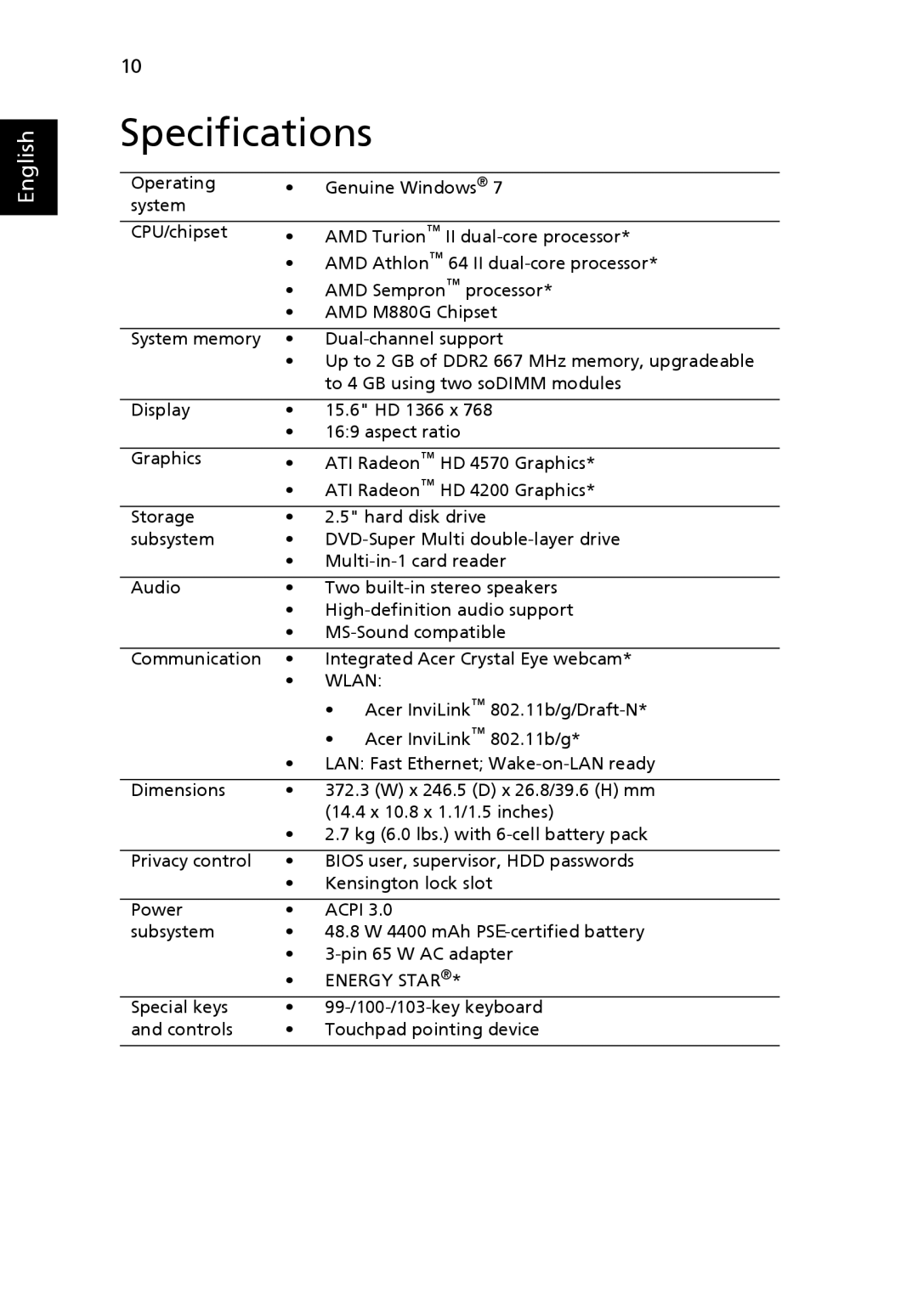 Acer 5541 Series, 5241 Series manual Specifications, Wlan 