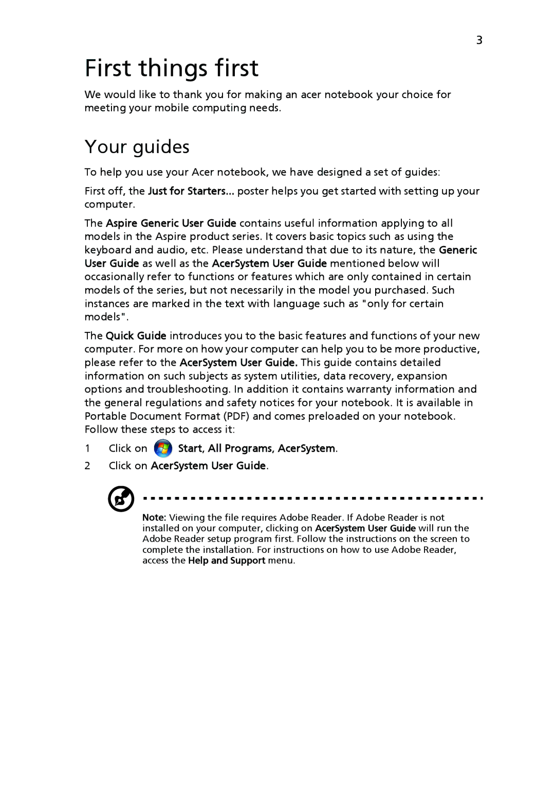 Acer 5241 Series, 5541 Series manual First things first, Your guides 