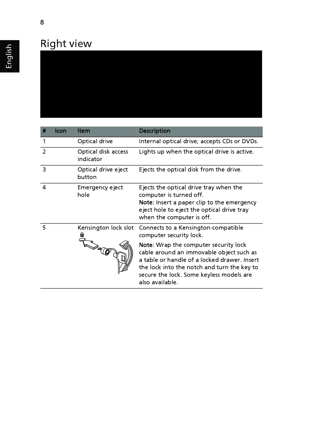 Acer 5541 Series, 5241 Series manual Right view, Icon Description 