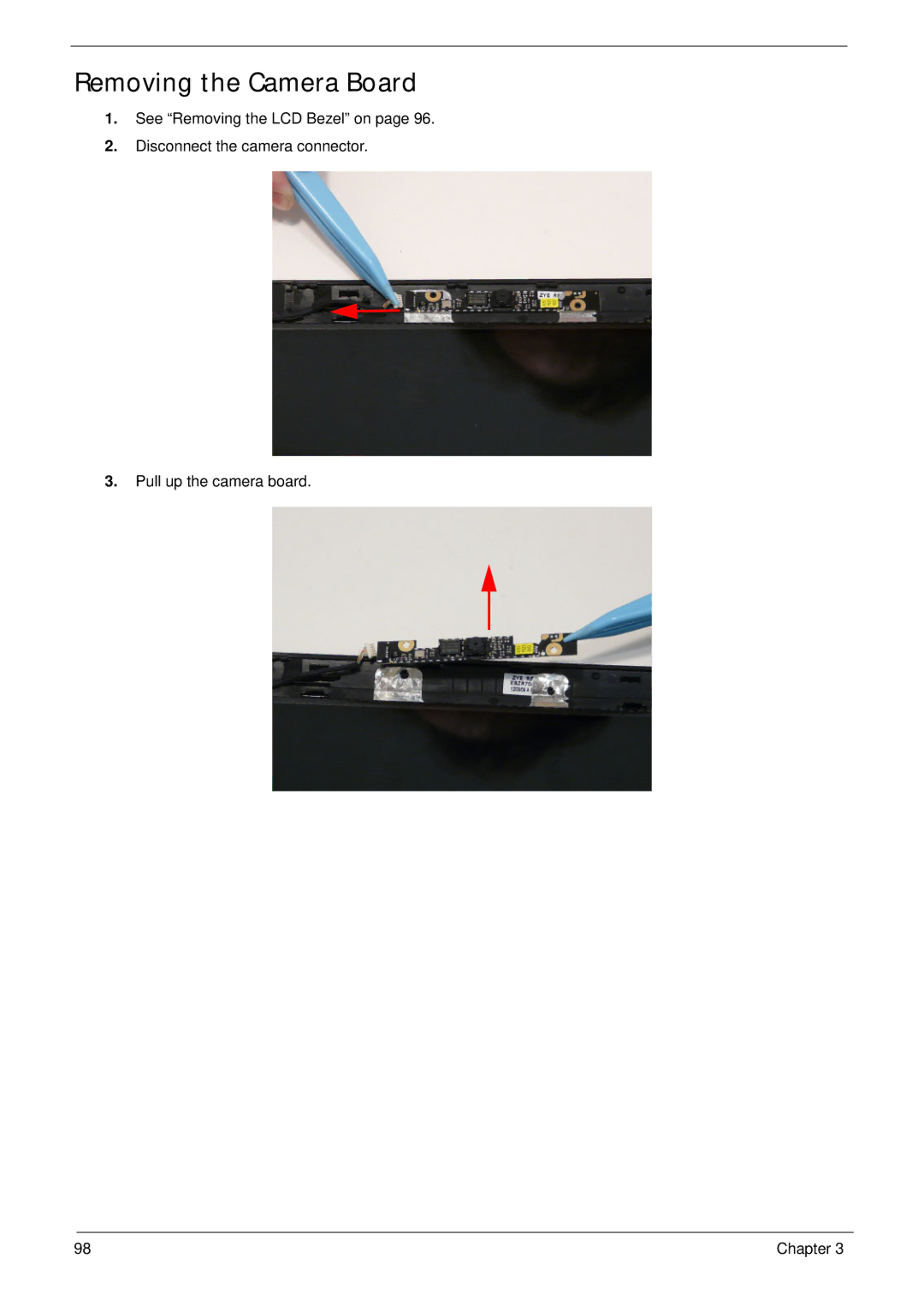 Acer 5553, 553G manual Removing the Camera Board 