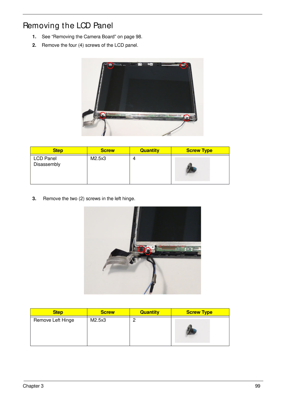 Acer 553G, 5553 manual Removing the LCD Panel, Step Screw Quantity Screw Type Remove Left Hinge M2.5x3 