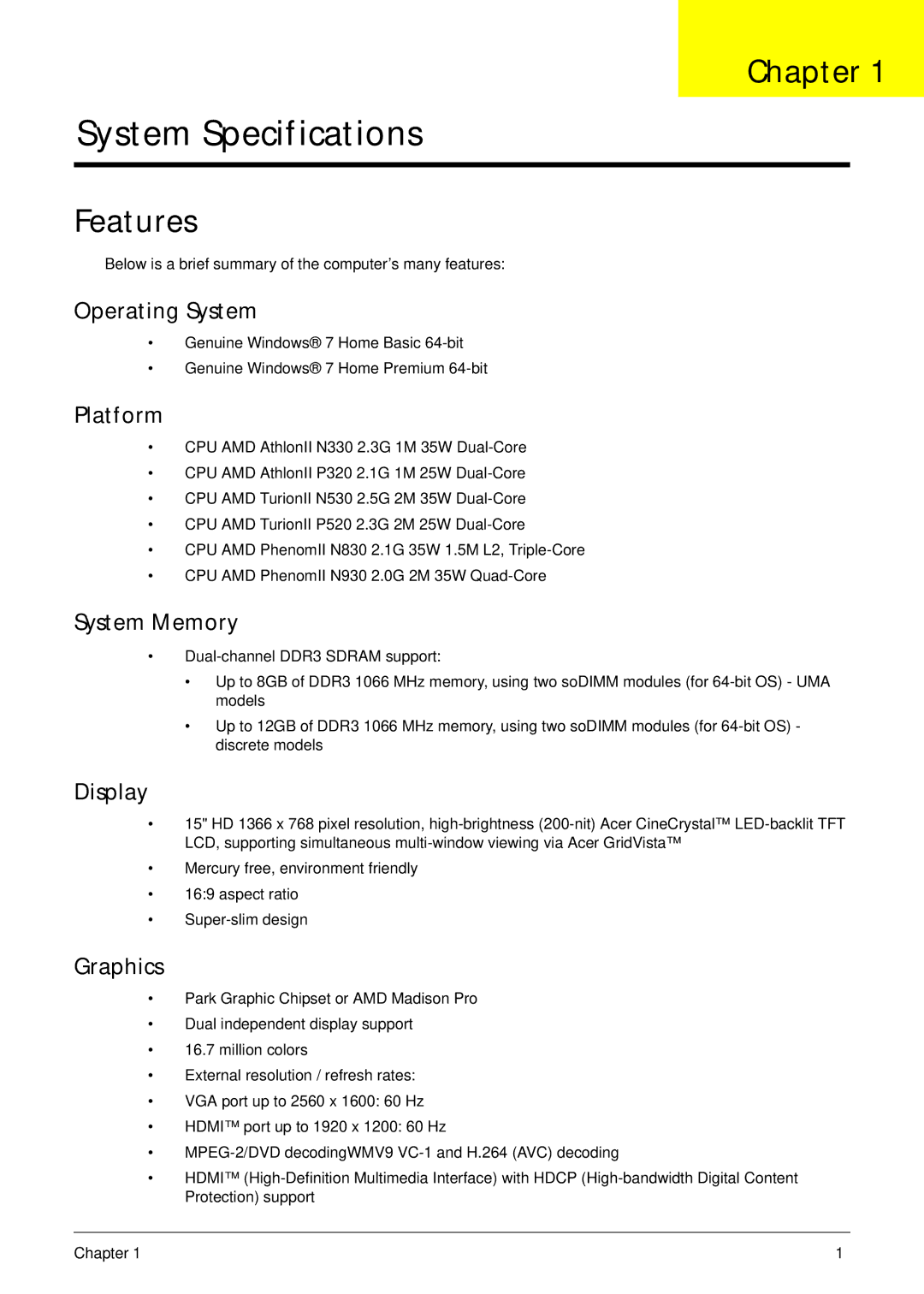 Acer 553G, 5553 manual Chapter, Features 