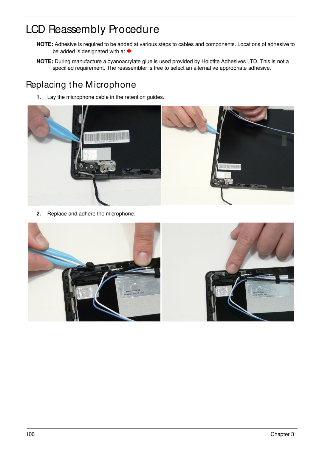 Acer 5553, 553G manual LCD Reassembly Procedure, Replacing the Microphone 