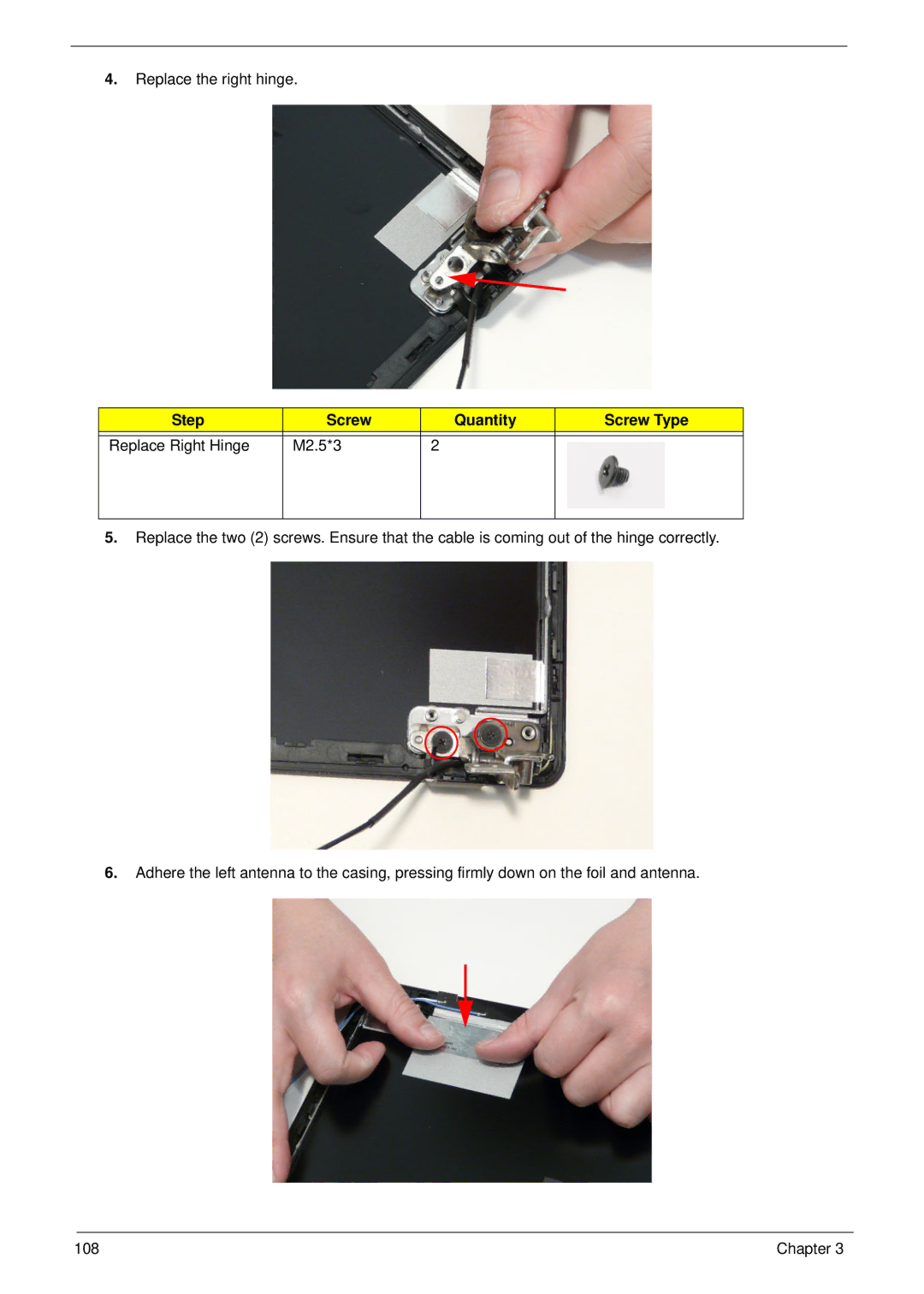 Acer 5553, 553G manual Step Screw Quantity Screw Type Replace Right Hinge M2.5*3 
