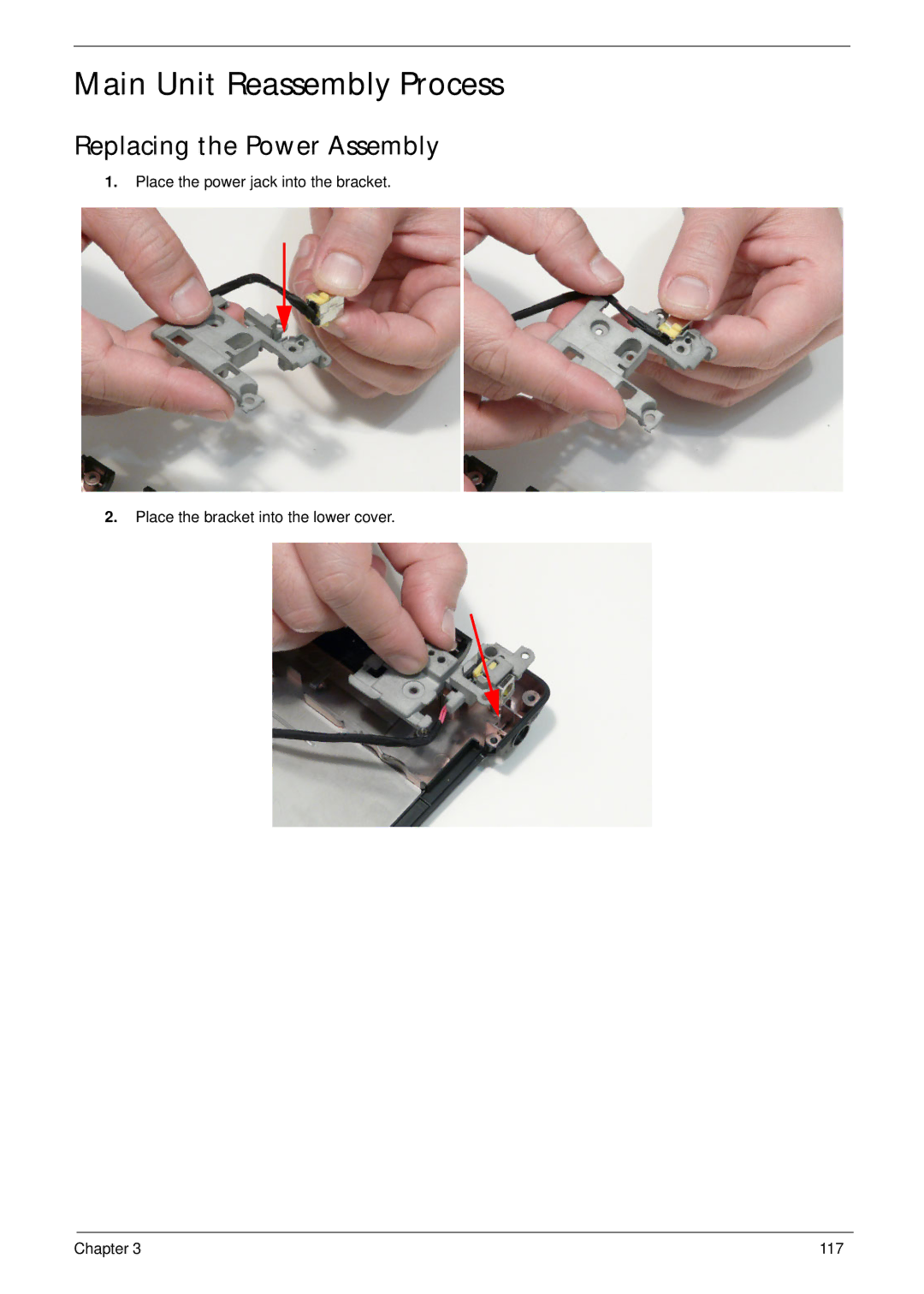 Acer 553G, 5553 manual Main Unit Reassembly Process, Replacing the Power Assembly 