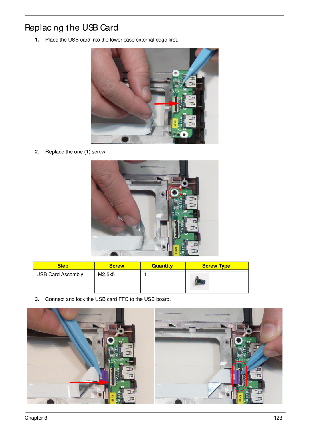 Acer 553G, 5553 manual Replacing the USB Card, Step Screw Quantity Screw Type USB Card Assembly M2.5x5 