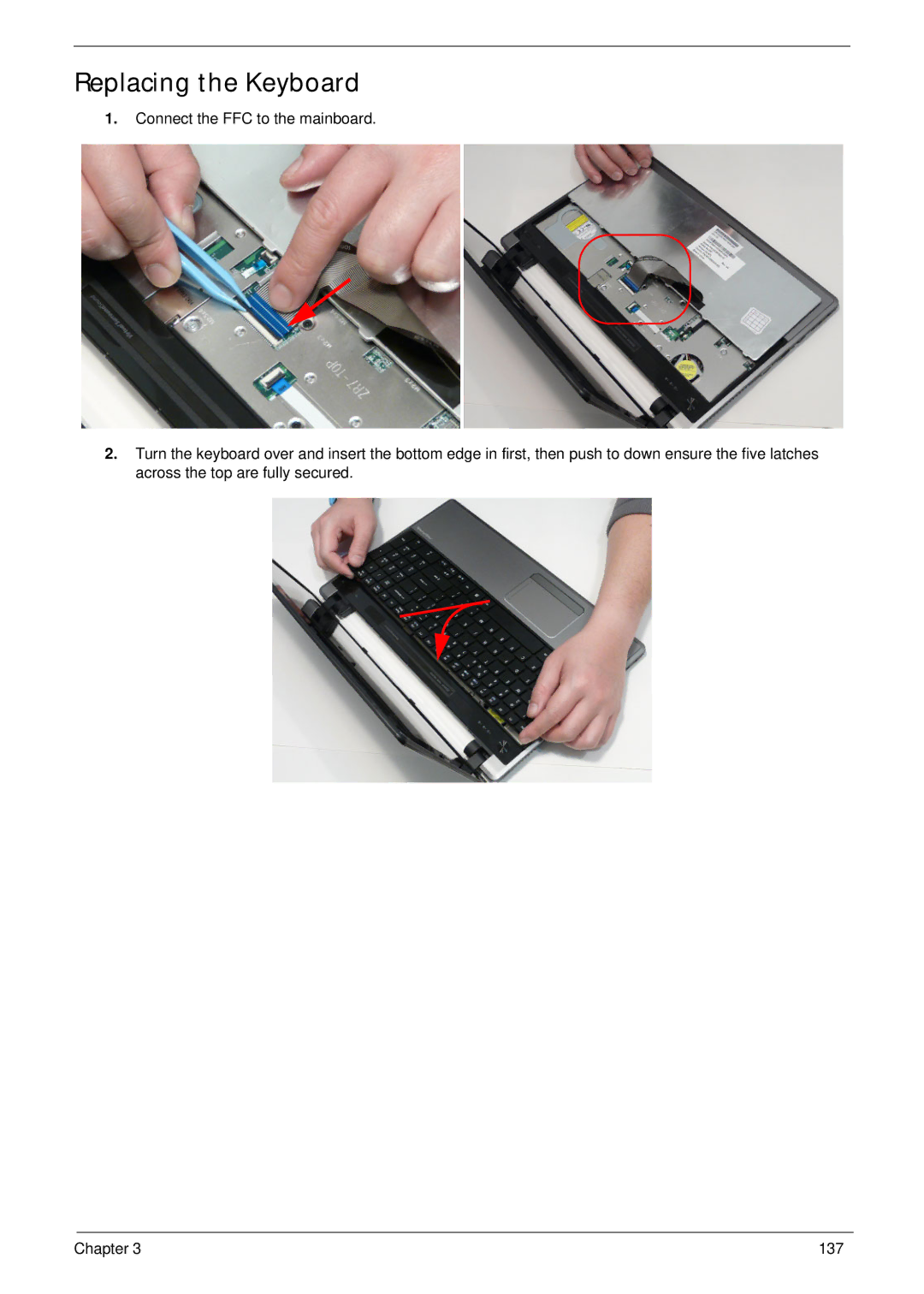 Acer 553G, 5553 manual Replacing the Keyboard 