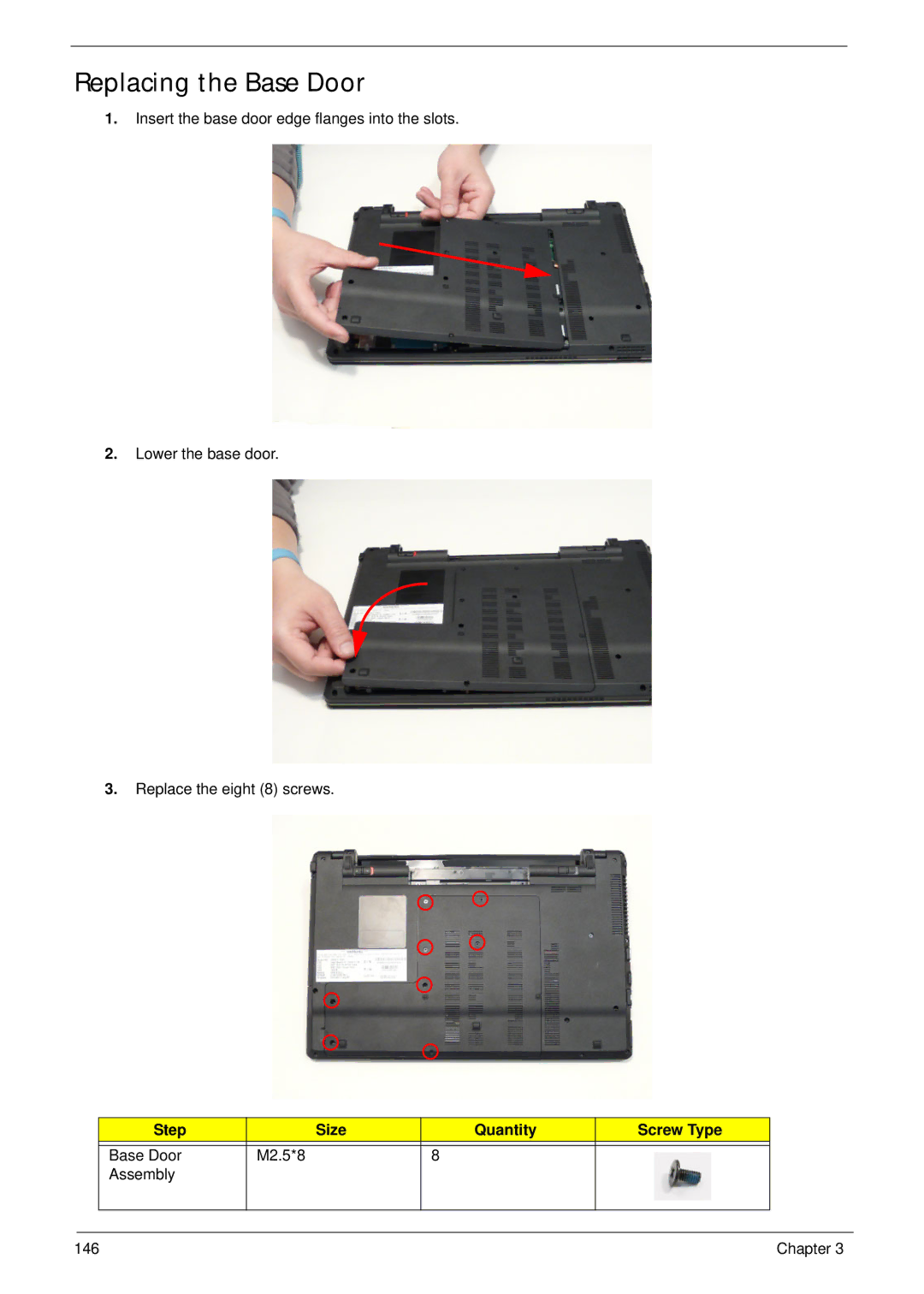 Acer 5553, 553G manual Replacing the Base Door, Step Size Quantity Screw Type 