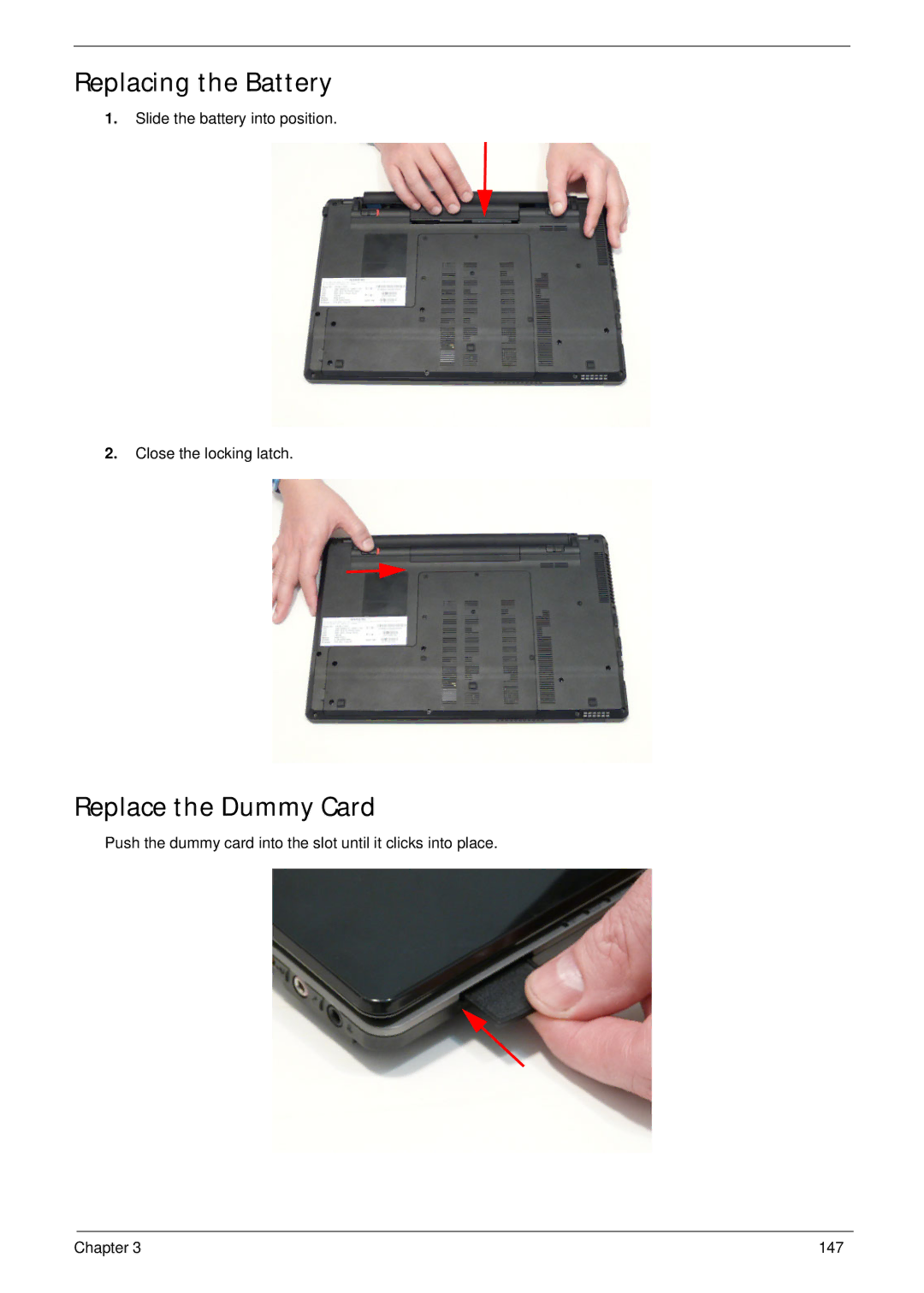 Acer 553G, 5553 manual Replacing the Battery, Replace the Dummy Card 