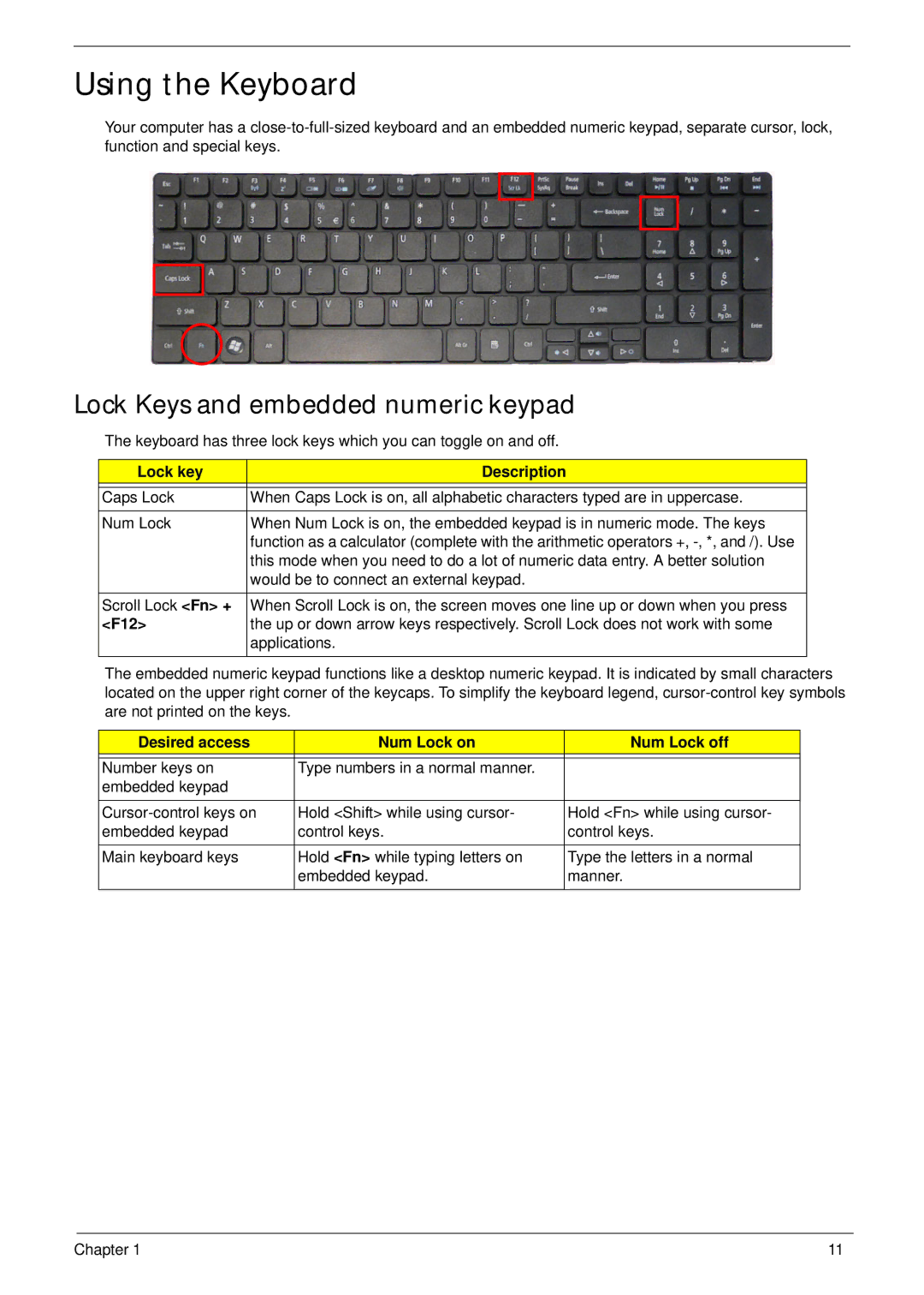 Acer 553G, 5553 manual Using the Keyboard, Lock Keys and embedded numeric keypad, Lock key Description, F12 