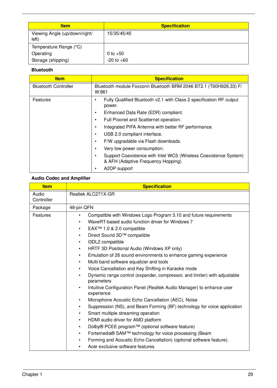 Acer 553G, 5553 manual Bluetooth Specification, Audio Codec and Amplifier Specification 