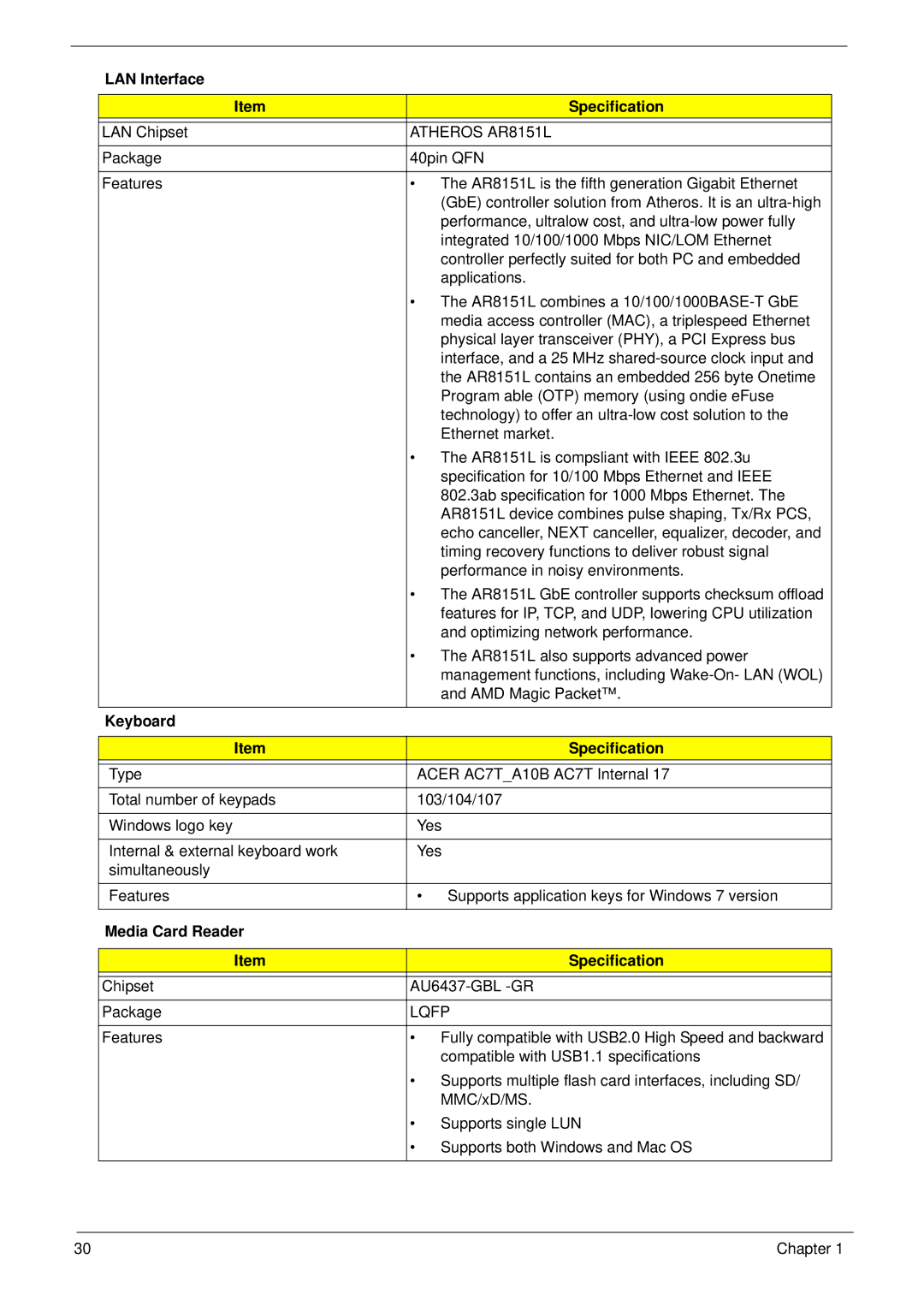 Acer 5553 LAN Interface Specification, Atheros AR8151L, Keyboard Specification, Media Card Reader Specification, Lqfp 