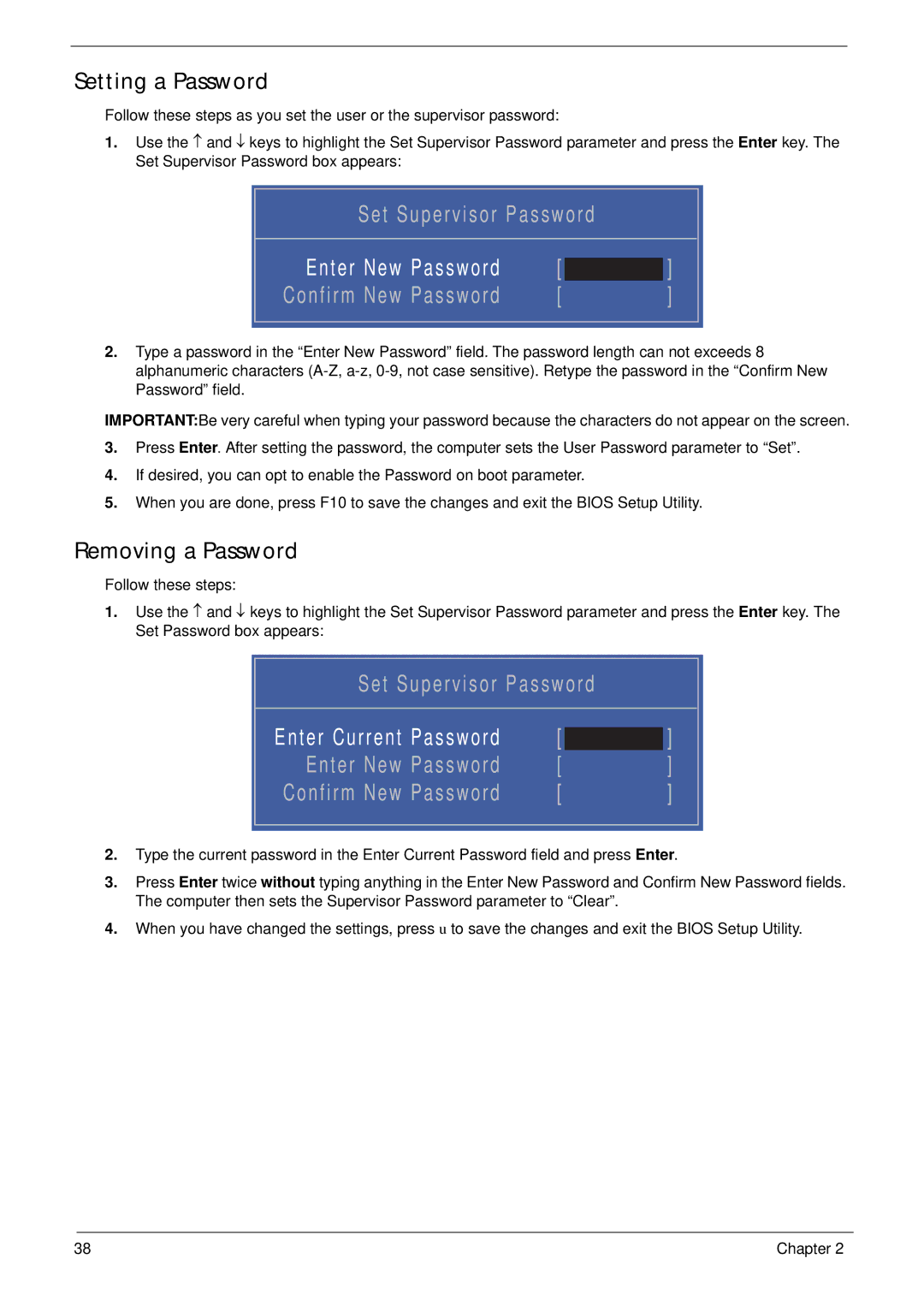 Acer 5553, 553G manual Setting a Password, Removing a Password 