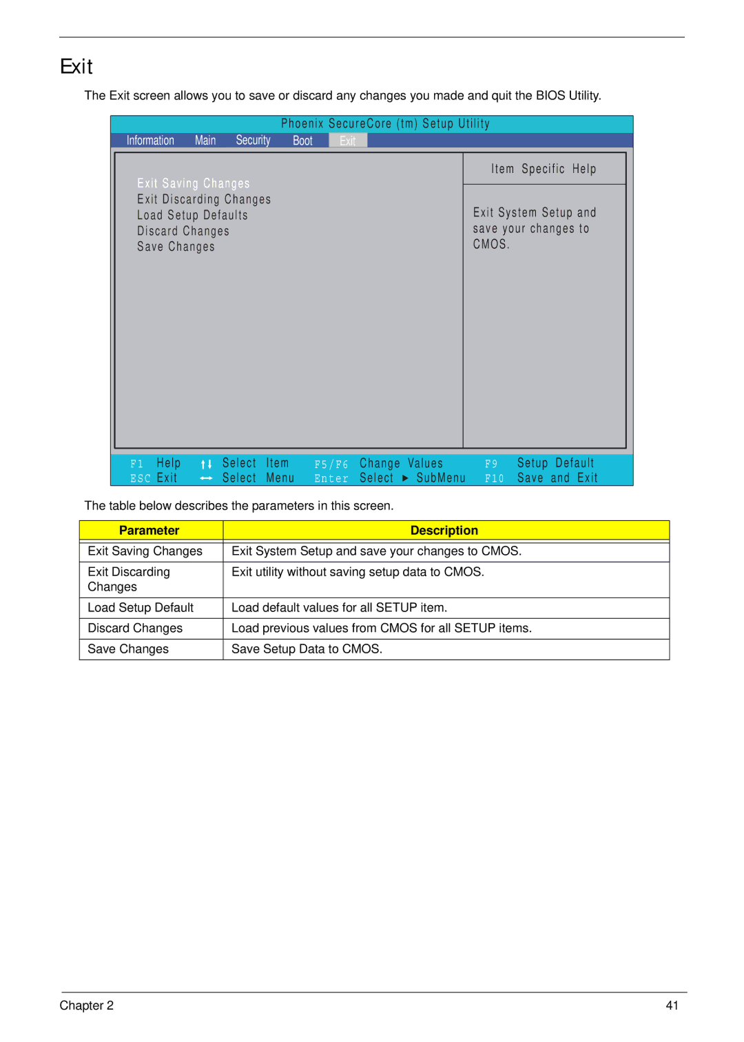 Acer 553G, 5553 manual Exit Saving Changes 