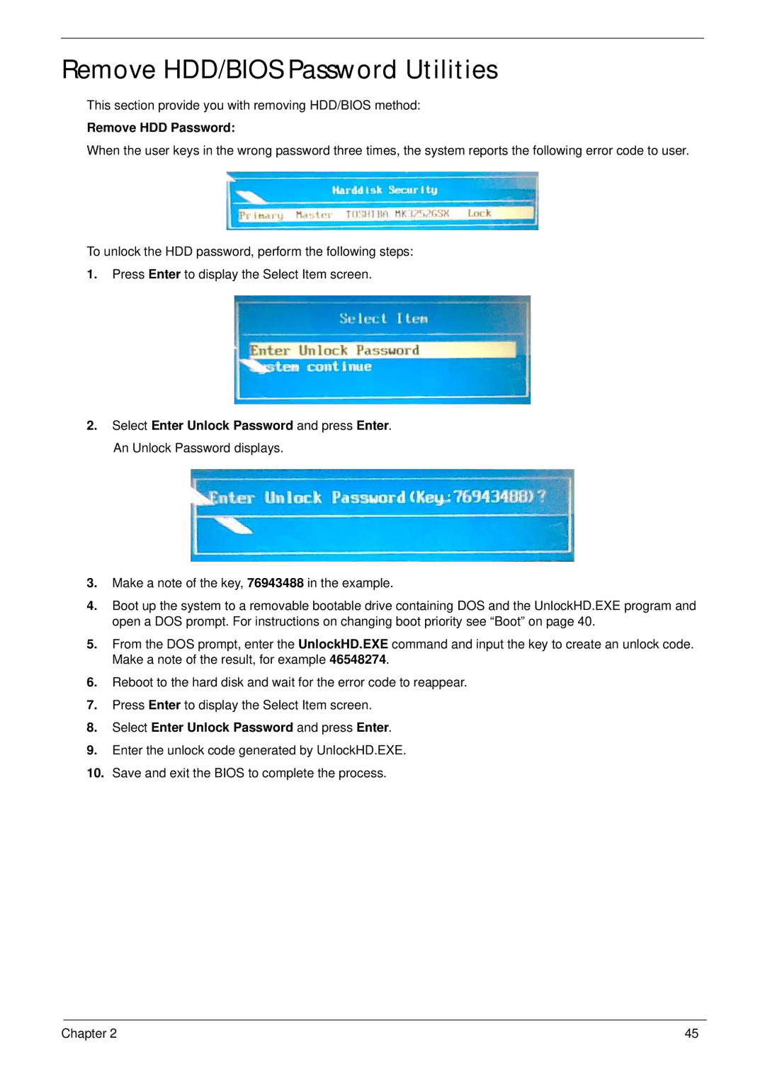 Acer 553G, 5553 manual Remove HDD/BIOS Password Utilities, Remove HDD Password, Select Enter Unlock Password and press Enter 