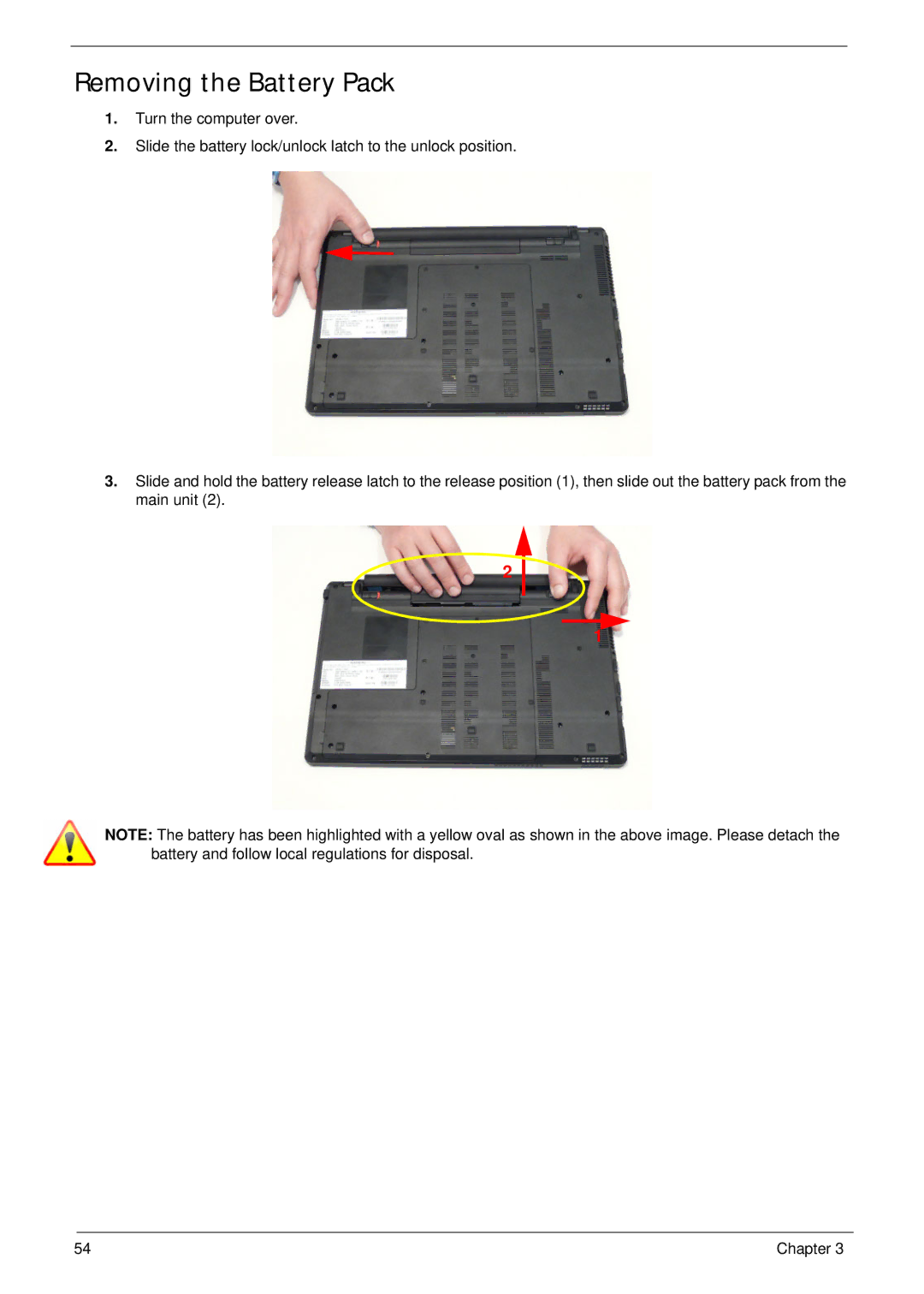 Acer 5553, 553G manual Removing the Battery Pack 