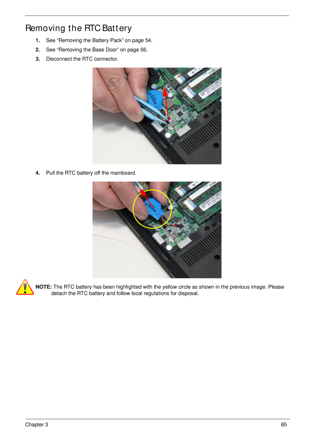 Acer 553G, 5553 manual Removing the RTC Battery 