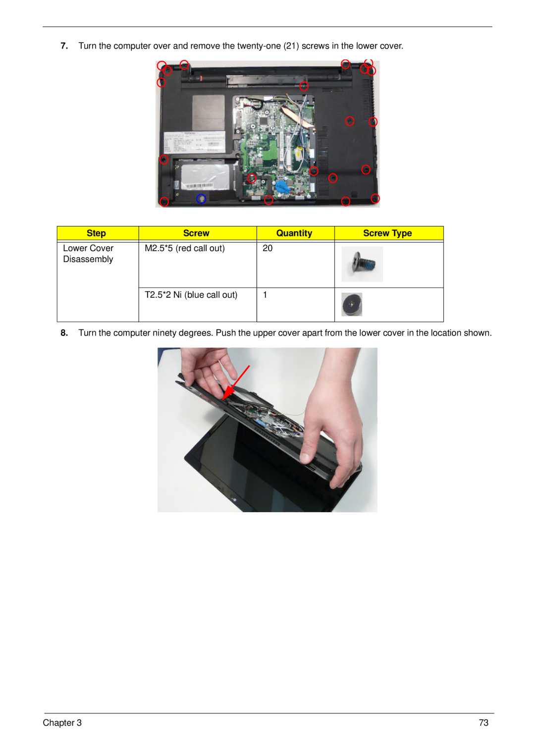 Acer 553G, 5553 manual Step Screw Quantity Screw Type 