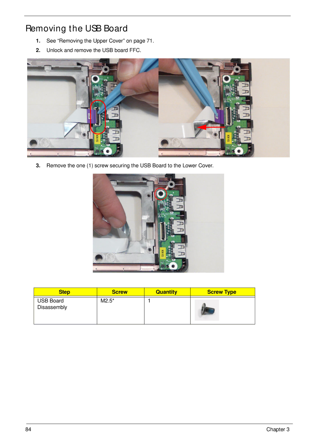 Acer 5553, 553G manual Removing the USB Board 