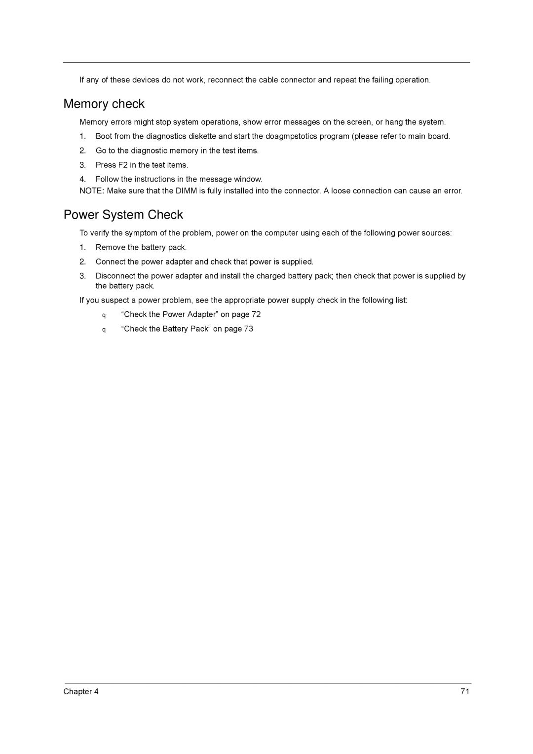 Acer 5540, 5560 manual Memory check, Power System Check 