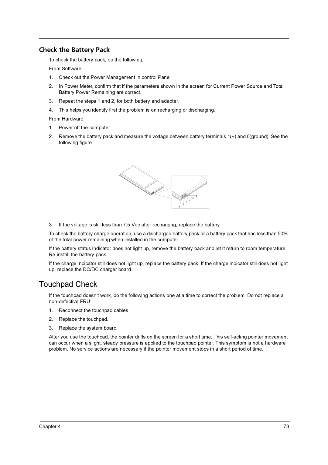 Acer 5540, 5560 manual Touchpad Check, Check the Battery Pack 