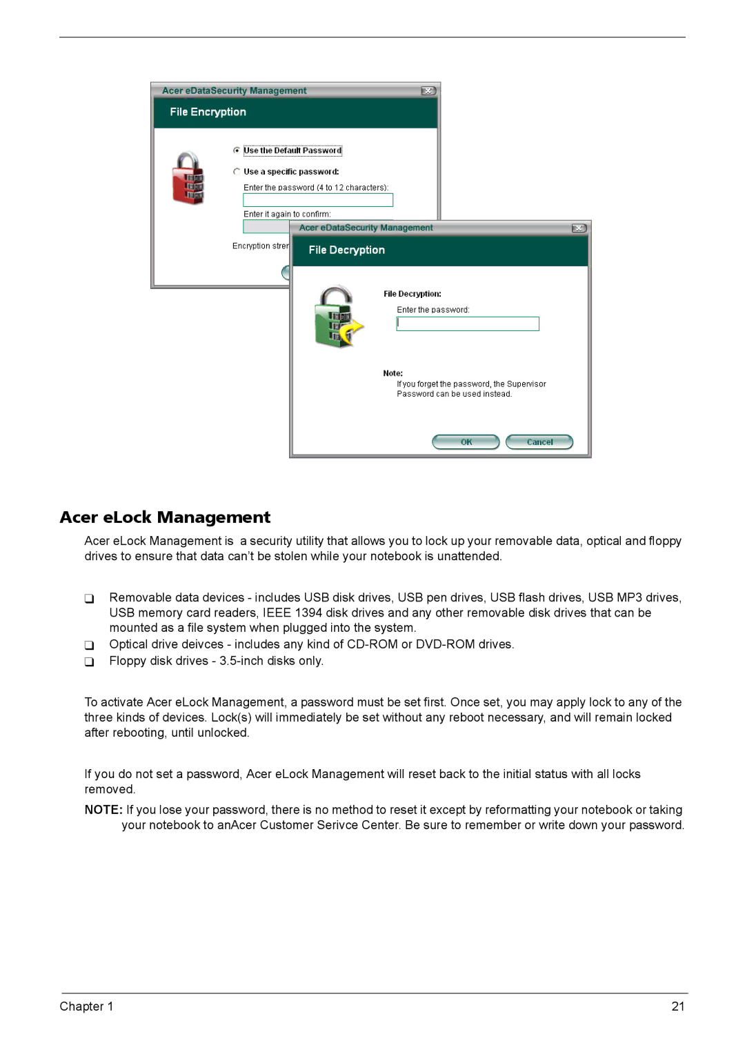 Acer 5590, 5560 manual Acer eLock Management 