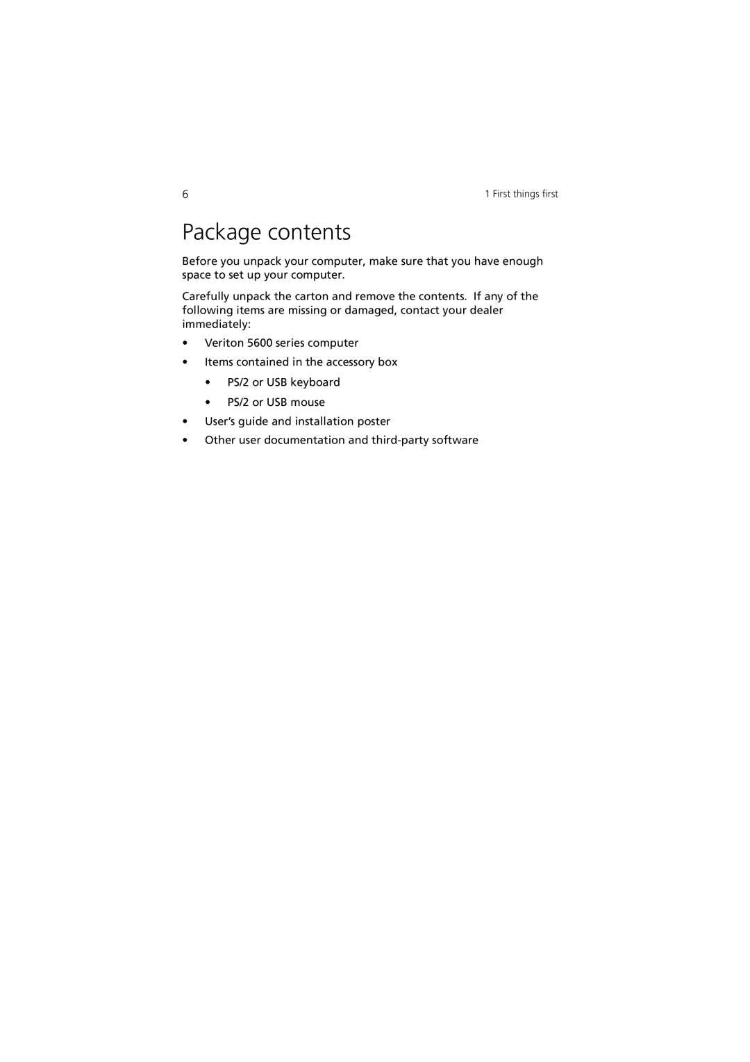 Acer 5600 series manual Package contents 