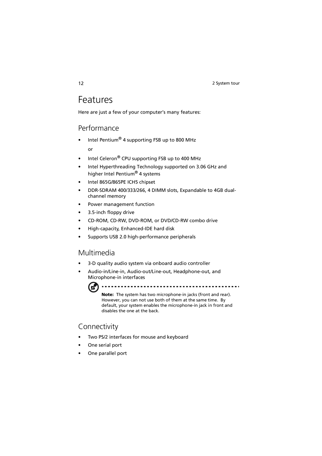 Acer 5600 series manual Features, Performance, Multimedia, Connectivity 