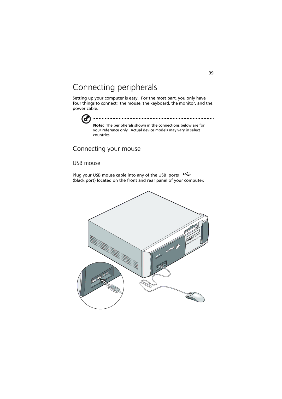 Acer 5600 series manual Connecting peripherals, Connecting your mouse, USB mouse 