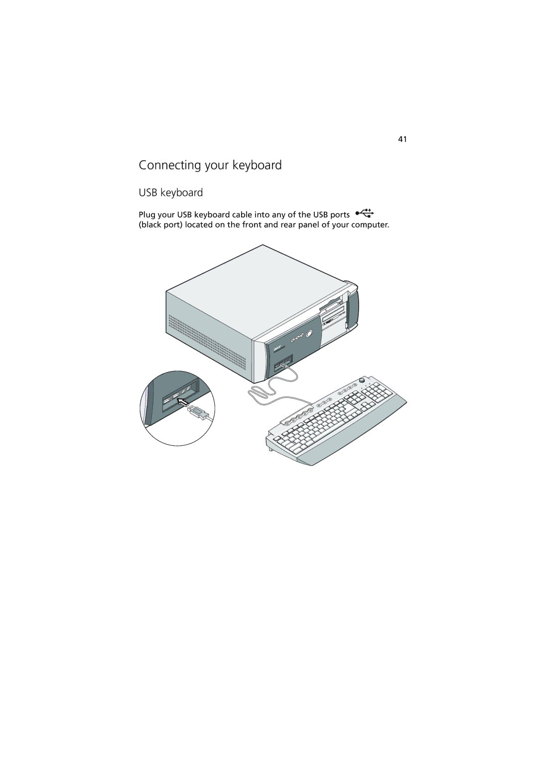 Acer 5600 series manual Connecting your keyboard, USB keyboard 