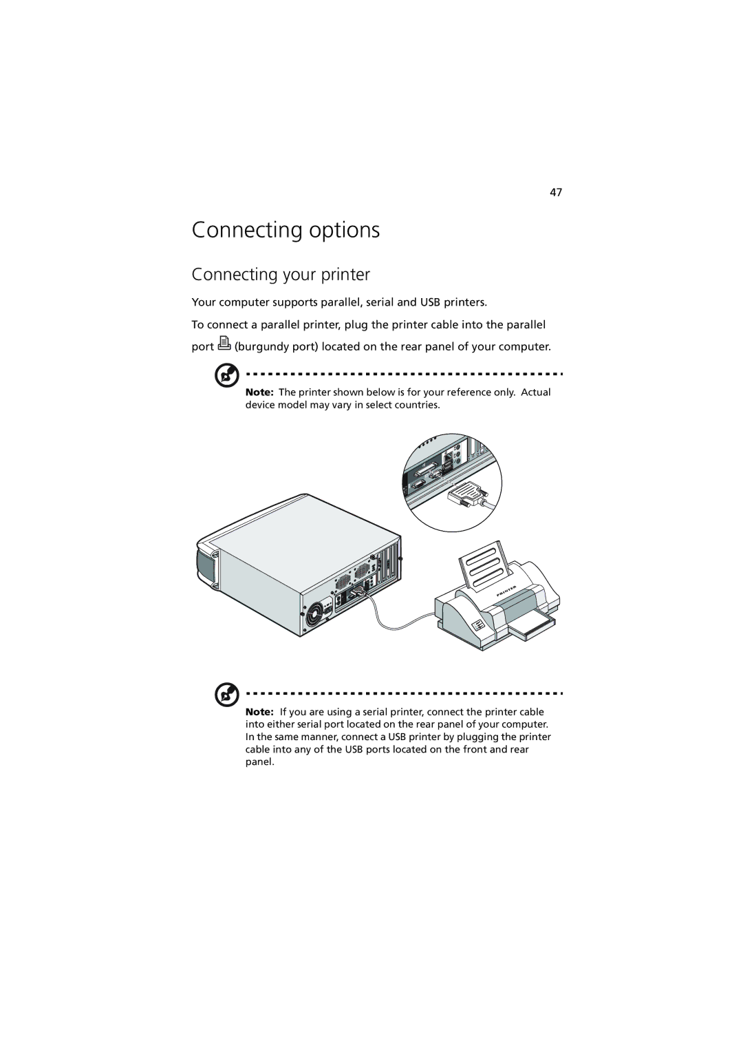 Acer 5600 series manual Connecting options, Connecting your printer 