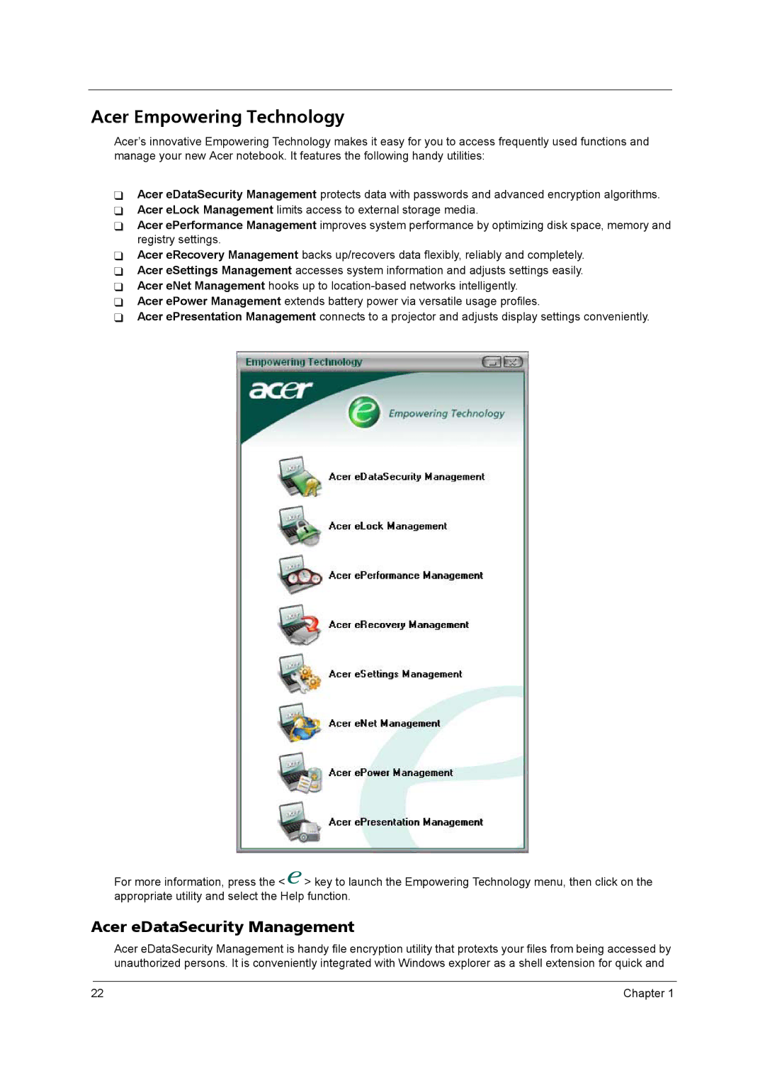 Acer 5610 Series manual Acer Empowering Technology, Acer eDataSecurity Management 