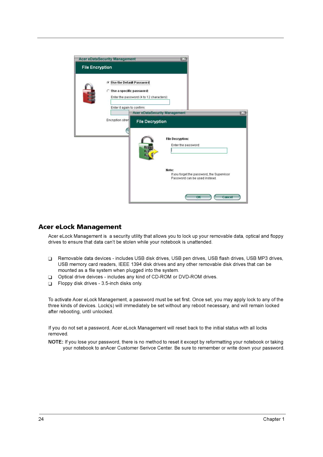 Acer 5610 Series manual Acer eLock Management 