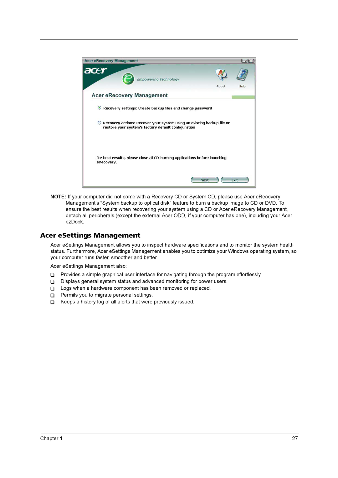 Acer 5610 Series manual Acer eSettings Management 