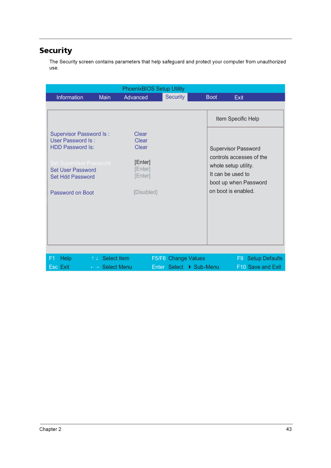 Acer 5610 Series manual Security, Boot Exit 