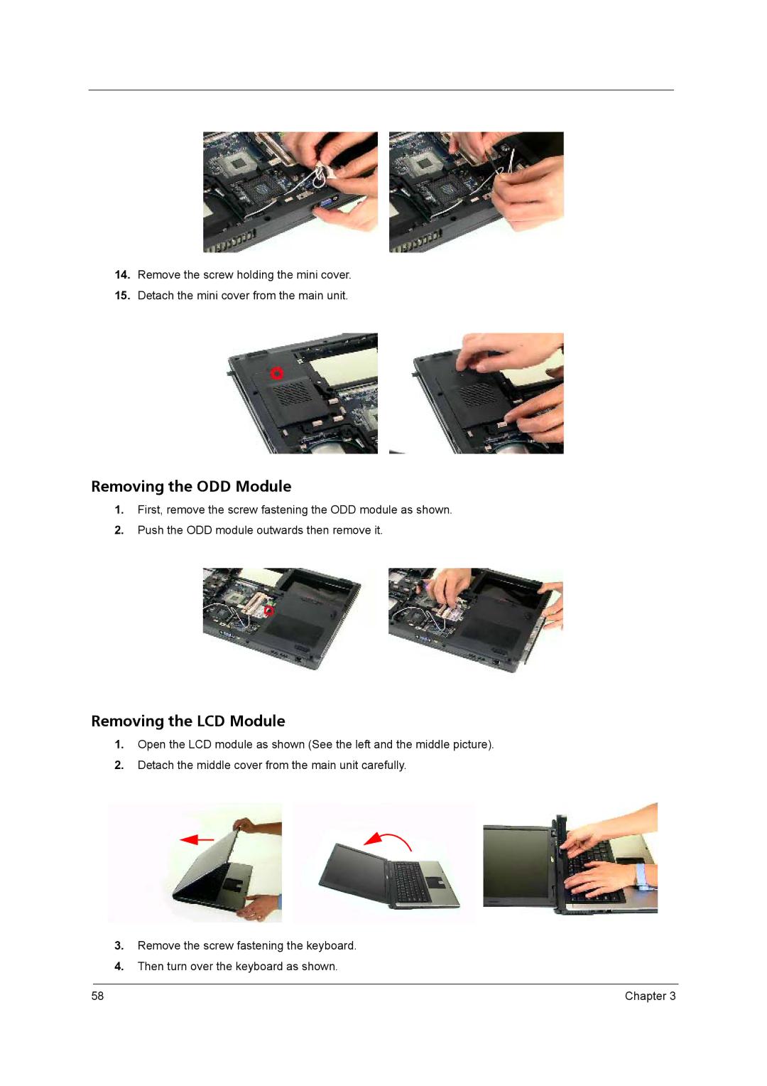 Acer 5610 Series manual Removing the ODD Module, Removing the LCD Module 