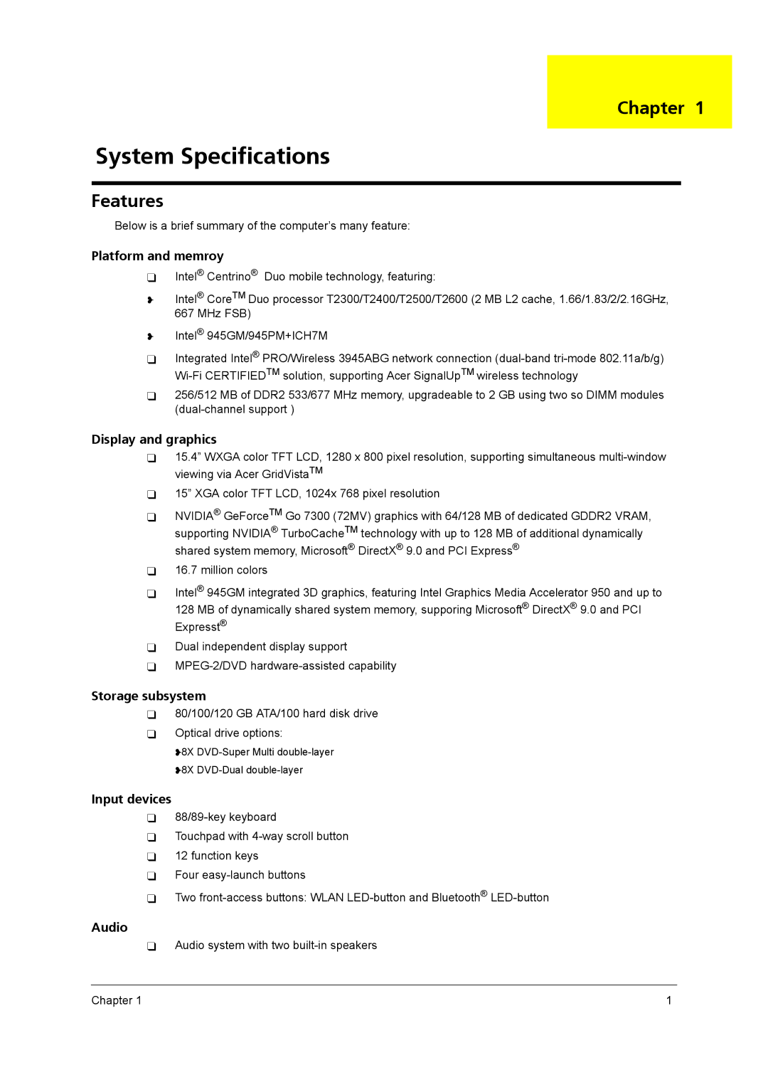 Acer 5610 Series manual System Specifications, Chapter, Features 