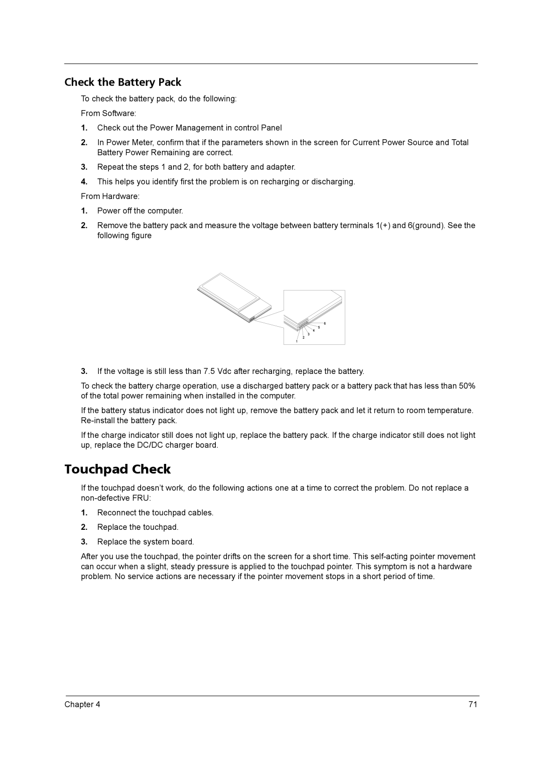 Acer 5610 Series manual Touchpad Check, Check the Battery Pack 