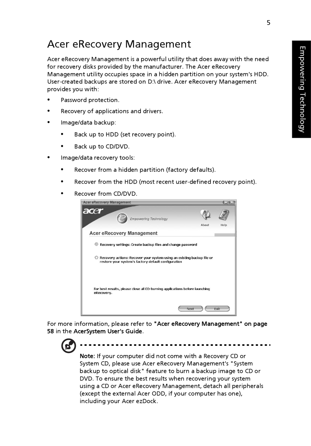 Acer 5610 manual Acer eRecovery Management 