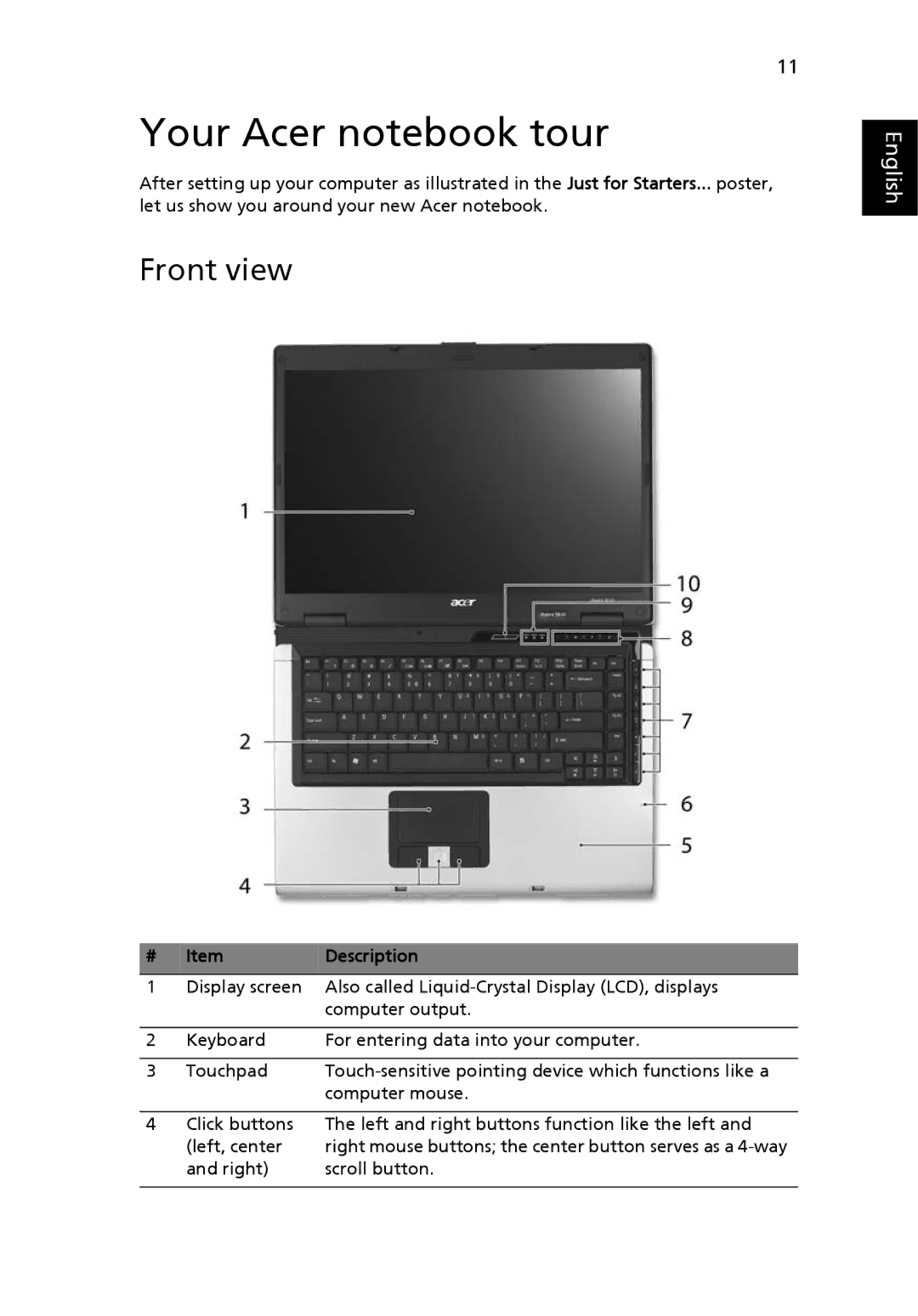 Acer 5610 manual Your Acer notebook tour, Front view, Description 